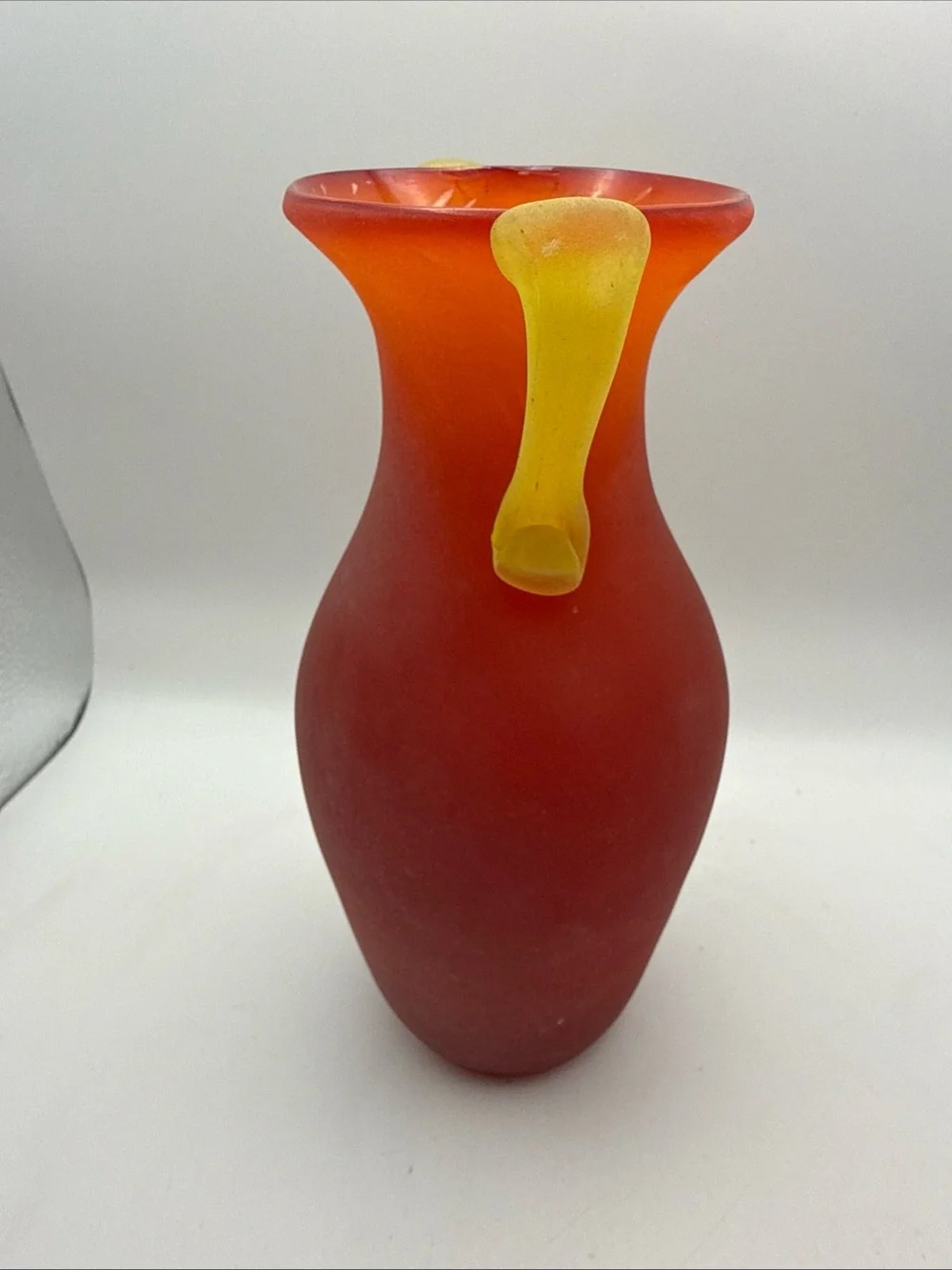 Murano Style Glass Vase Amphora Roman Style Red w/ Yellow Scroll Handles Scavo
